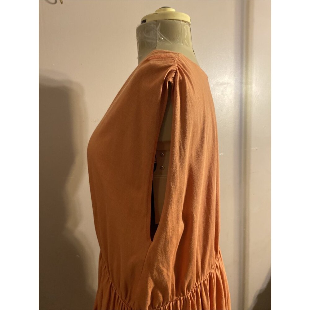 Zara Dress Coral Pink Tiered Sleeveless Flowy Boxy V-Neck MIDI 100% Cotton Sz L - Picture 4 of 9